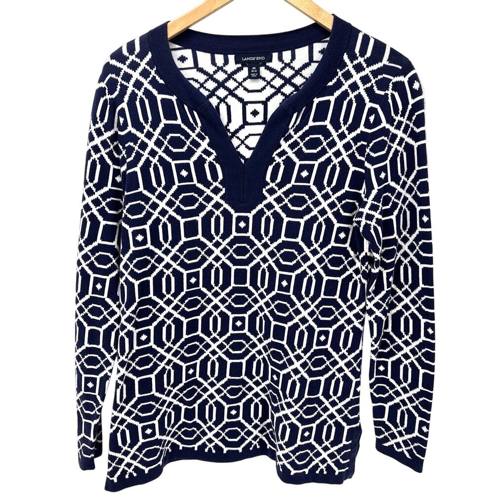 Lands End Sweater Womens Medium Tunic Long Sleeve Cotton Coastal V-Neck Pullover